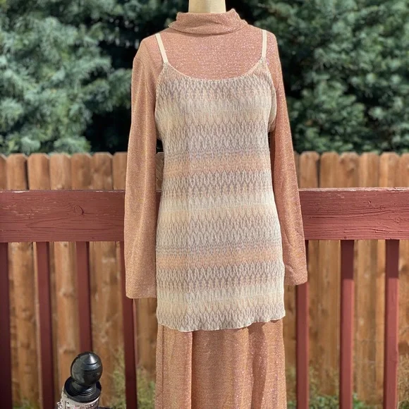 Vintage designer shiny sparkly rose gold tinted beige long knit so cute - Picture 5 of 7